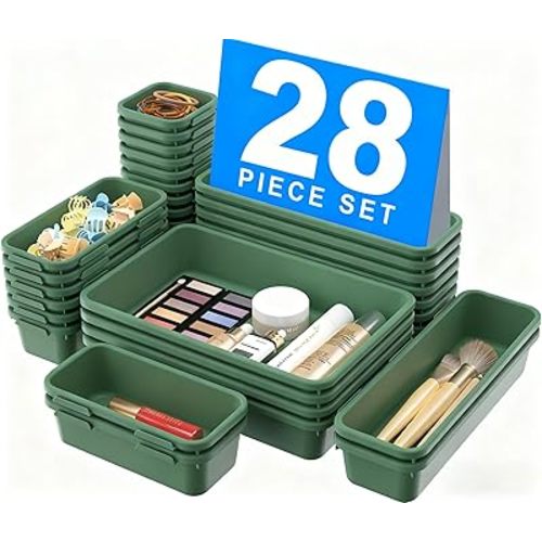 【𝟮𝟴𝗣𝗖𝗦】 【𝟱𝗦𝗶𝘇𝗲】 ArmyGreen Drawer Organizer, Makeup organizer, 【Holds 177 Items】 Bathroom Organizers and Storage, Plastic Desk Organizer Divider, Organizer Bins for Office Vanity A-LUGEI