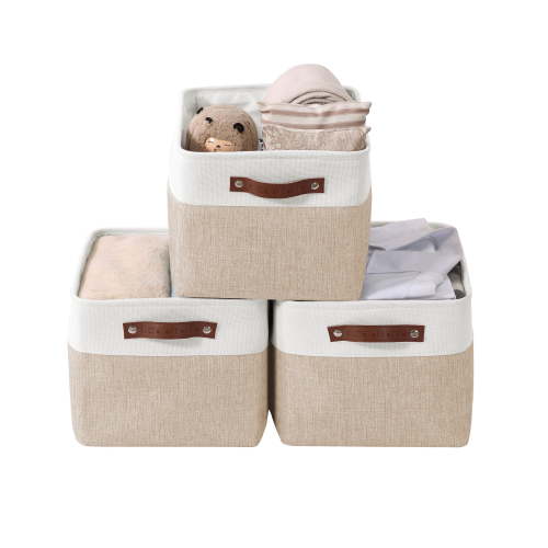 DECOMOMO Large Foldable Fabric Storage Bins with Handles, Dual Color, Set of 3, Beige/White