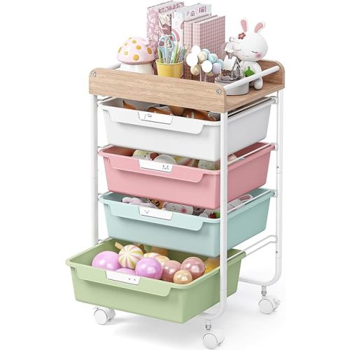 Rolling Storage Utility Cart with 4 Drawers,Kids Craft Art Cart,Makeup Organizer and Storage with Wooden Tabletop,Colorful