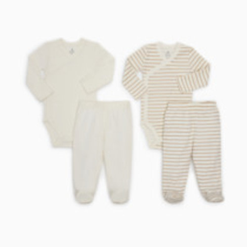 Small Story Organic Cotton Newborn 4 Piece Set - Ivory & Beige Stripe, 0-3 M