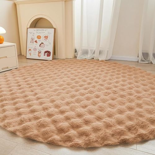 Coffee Round Rabbit Plush Rug for Bedroom Living Room Sofa,5'X5' Faux Fur Fluffy Shaggy Circle for Kids Teen Girls,Furry Carpet Circular for Nursery Baby