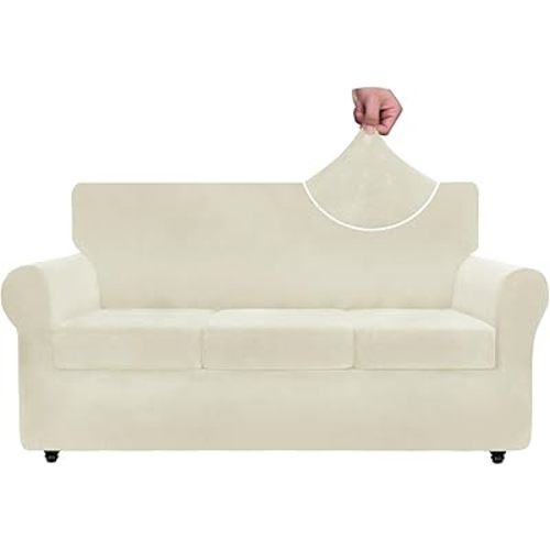 ZNSAYOTX Luxury Velvet Couch Cover 4 Piece (72"-92") Stretch Sofa Covers for 3 Cushion Couch Thick Soft Sofa Slipcover with Non Slip Strap, Dog Pet Friendly Nice Furniture Protector (Beige)