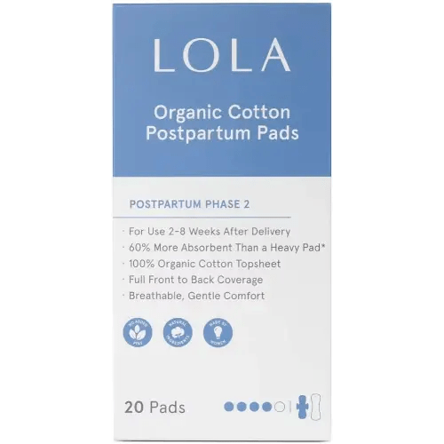 LOLA 100% Organic Cotton Postpartum Pads - 20 Count, Ultra Absorbent and Extra Long Pads, Overnight and Full Coverage, Adult Incontinence Pad for Women, Postpartum Essentials Phase 2