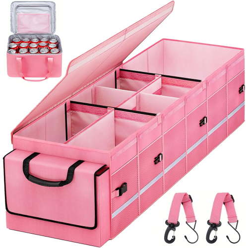 Car Trunk Organizer and Storage with Lid & Removable Leakproof Cooler Bag, Customized Space Pink Car Interior Accessories for Women Collapsible Large Trunk Organizers for Sendan SUV, Jeep, MPV, BMW