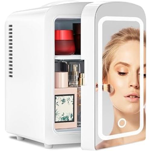 Antarctic Star Makeup Compact Refrigerator with LED Mirror, 4L Mini Fridge, Skin Care, for Bedroom, Car, Office & Dorm, Portable Small Cooler for Cosmetics, White