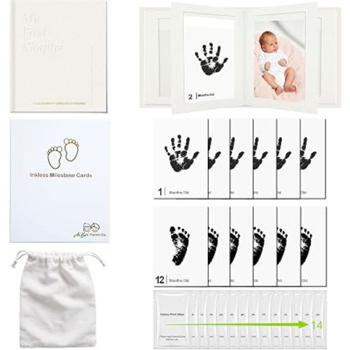 15 Pack Baby Inkless Milestone Cards Album, Inkless Baby Hand Footprint Kit, Monthly Milestone Signs, Baby Book Keepsake, Baby Growth Milestone Cards for Newborn (Deluxe Photo Album Set))