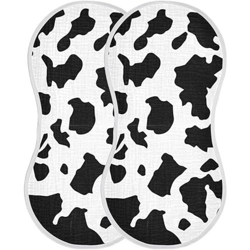 Muslin Burp Cloths for Baby Boys and Girls - 2-Pack Ultra Absorbent Cow Print Muslin Washcloths, Newborn Towel, Milk Spit Up Rags, Burp Cloth Bibs for Unisex, 22 x 11 Inch