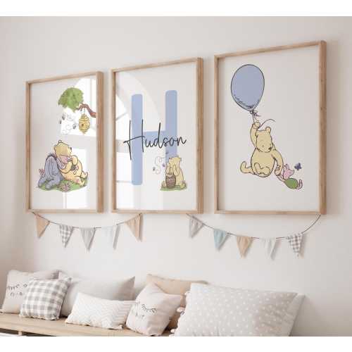 Set of 3 Classic Winnie the Pooh Personalized Nursery Wall Art, Vintage Winnie the Pooh Name Print Nursery Child Kids Decor Digital Download