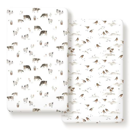 Stretch Ultra Soft Jersey Knit Fitted Crib Sheets Set 2 Pack，Fit All Standard Crib Mattress Pads Safe and Snug, Crib Fitted Sheet for Baby, Cute Watercolor Cows and Birds Print