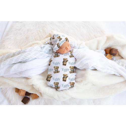 Boy Teddy Bear Swaddle Set, Personalized Bear and Stars Baby Blanket, Lullaby Boy Swaddle Blanket, New Baby Gift, Bear Swaddle Set B91
