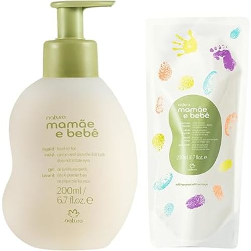 natura - Mamãe e Bebê Baby Head to Toe Liquid Soap with Refill - Multipurpose Baby Wash - 100% Vegan - 98.5% Natural Origin - All Skin Types - Cruelty Free - Baby Essentials - 6.7 fl oz (200ml)