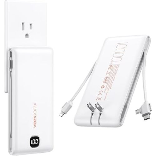 VEEKTOMX Portable Charger with Built-in Cables and AC Wall Plug, 10000mAh