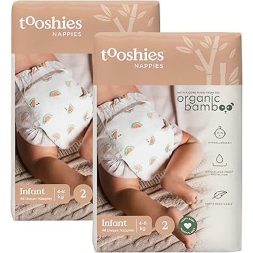 Tooshies Nappies | Size 2 Infant 4-8kg | Made with Organic Bamboo | 12 hrs leak free | Unisex | Watermelon Print | 2 WEEK SUPPLY