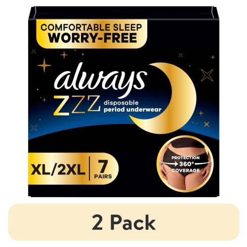 (2 pack) Always ZZZ Overnight Disposable Period Underwear Size XL, 7 Count
