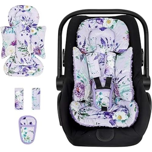 Infant Car Seat Insert and Strap Covers, Very Soft Car Seat Head Support Baby Girl Boy, Reversible Newborn Carseat Insert Cushion Fits for Stroller, Baby Swing, Bouncer (Purple Floral)