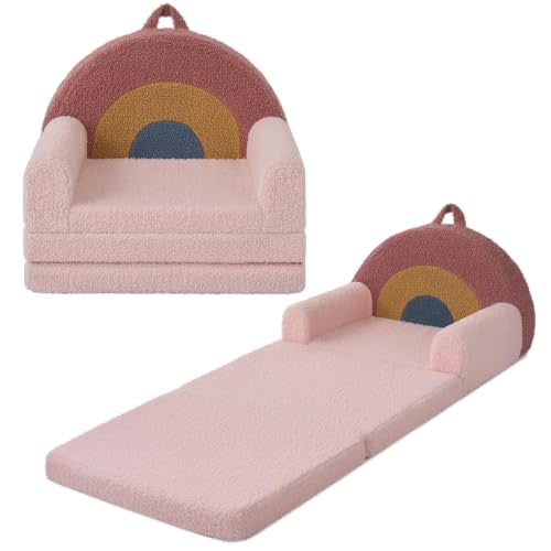 Blissful Diary Foldable Kids Couch, 2-in-1 Kids Sofa Chair, Blush Rainbow | 50.8" Fold-Out Play Area, Supportive Foam, Washable Cover, Carry Handle, Pre-Assembled, Kid-Safe Zipper