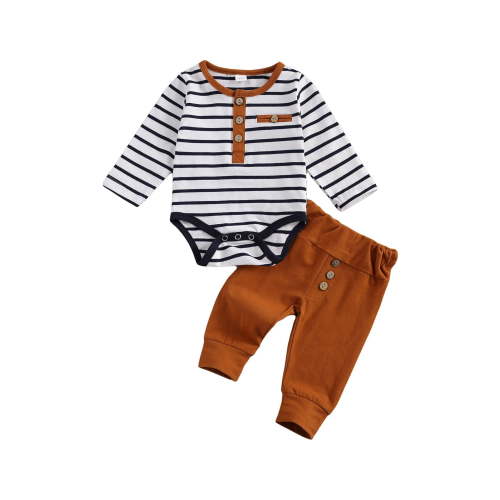 jaweiw 2Pcs/Set Newborn Baby Boys Outfit Long Sleeve Striped Bodysuit Romper Solid Pants Fall Winter Clothes,0-18M