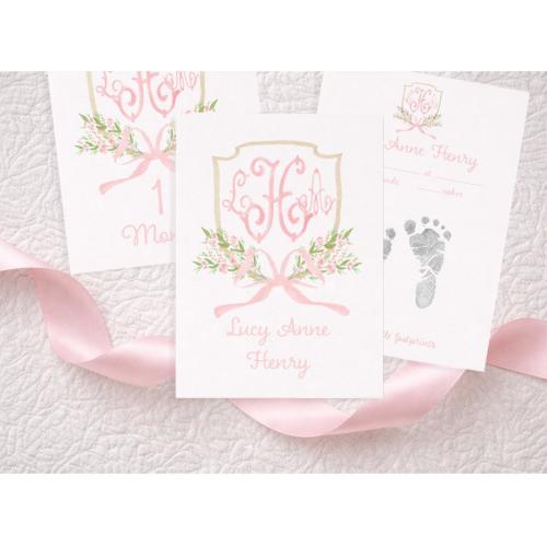 Watercolor Monogrammed Crest Milestone Cards, Baby Shower Gift, Baby Girl Month Cards, Milestone Cards, Month Set, Personalized Keepsake