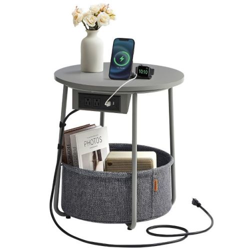 VASAGLE Side Table with Charging Station, Round End Table With Fabric Storage Box, for Living Room with Power Outlets USB Ports