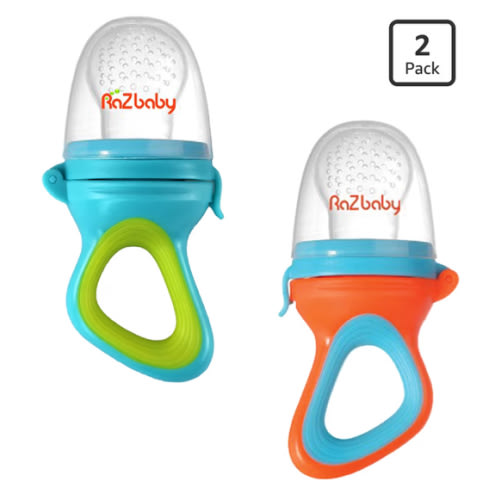 RaZbaby Baby Solids/Frozen Fruit Feeder Pacifier, Infant Teether Toy 6M+, BPA-Free, Safely Introduce Solids, Natural Teething Relief, Dishwasher Safe, Freezable – Blue & Orange 2-Pack