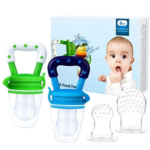 Baby Fruit Feeder Pacifier (2 Pack) - Bestwin Infant Teething Toy Teether in Appetite Stimulating Colors, Bonus Includes 3 Sizes Silicone Pouches - BlueGreen