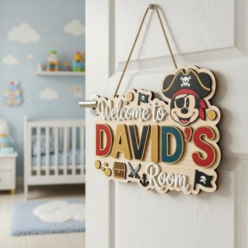Mickey Pirate Wooden Name Sign, Mickey Mouse Pirate Kids Room Decor, Disney Nursery Door Sign, Custom Wooden Door Hanger, Custom Name Sign