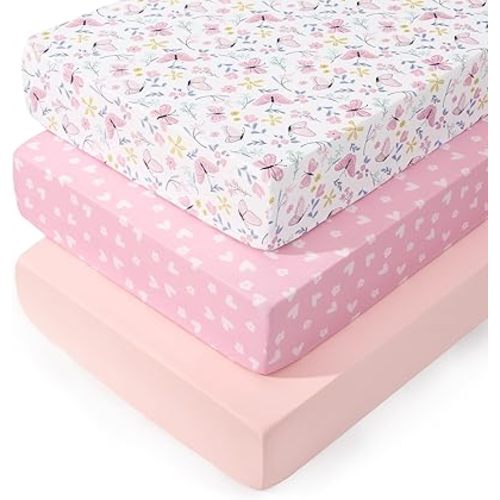 PHF 3 Pack Soft Butterfly Crib Sheets Fitted, Comfy Breathable Baby Sheets for Girls, 28x52 Inches Fits Standard Crib and Toddler Mattresses, Butterfly