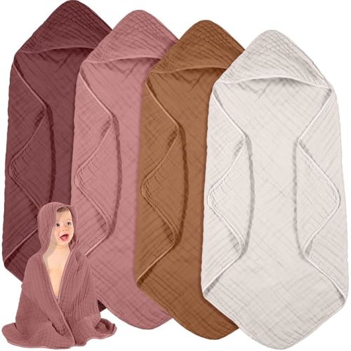 Peryiter 4 Pcs Muslin Hooded Baby Towels,Light Pink