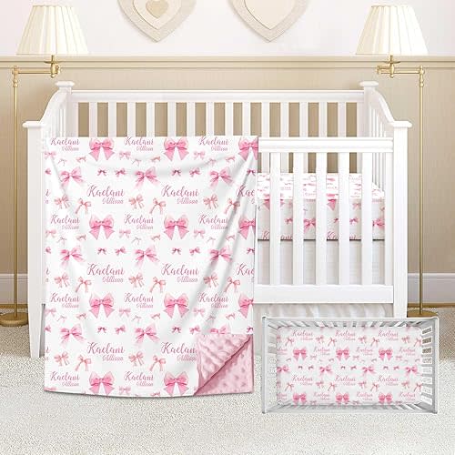 Custom Baby Girl Crib Bedding Set – Personalized Pink Bow Nursery Bedding with Name, 2 Piece Set Includes Crib Minky Blanket & Fitted Sheet for Newborns and Infants
