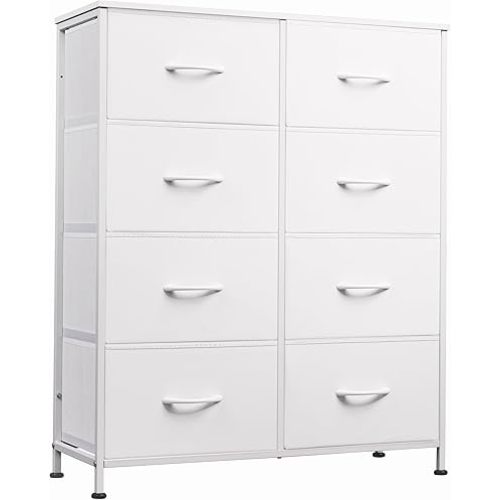 WLIVE Fabric Dresser for Bedroom, Tall Dresser with 8 Drawers, Storage Tower with Fabric Bins, Double Dressers, Chest of Drawers for Closet, Playroom, Dormitory, White