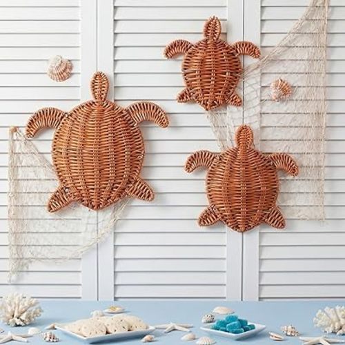 Cinnvoice 3 Pcs Sea Turtle Wicker Wall Decor 3 Size Handmade Coastal Summer Rattan Wall Art Decor Beach Boho Nautical Ornament for Bathroom Living Room Table Indoor Outdoor Party