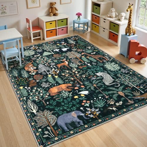 OJIA Jungle Green Nursery Rugs 8x10 Kids Room Rugs for Living Room Playroom | Soft Bedroom Rug Washable Area Rugs 8x10 Modern Dining Room Rug Stain Resistant Floor Carpet for Office Classroom