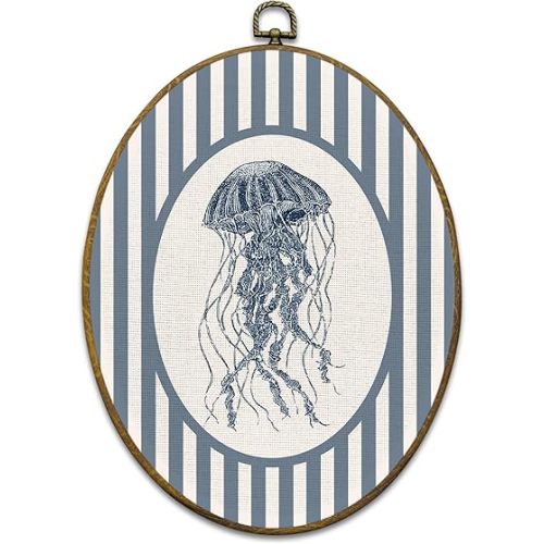 Mcehtle Coastal Beach Jellyfish Wall Art Decor, Ocean Beach Nursery Framed Canvas Prints 8.6x11.4, Blue Striped Jellyfish Ocean Oval Wall Hanging Artwork Decorations for Kids Nursery Room Bedroom Home