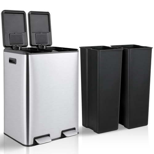 LAZY BUDDY 16 Gal Dual Kitchen Trash Can, Rectangular Stainless Steel Recycling Garbage Can with 2 Built-in Odor Control Box