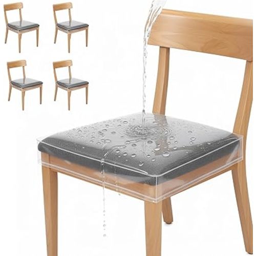 Houseables Plastic Chair Covers, Plastic Seat Covers for Dining Chairs, Seat Protectors, Vinyl, Waterproof, Clear Cushion Protector for Cats, Kids, Kitchen Room Table, Fits 16-18 Inch, 4 Pack Set