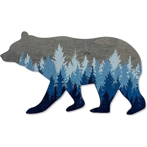 Forest Bear Wall Sign, Adventure Woodland Theme, Rustic Nursery Decor, Man Cave Home Bedroom Cabin Office House Art Decorations, Hickory Hollow Designs… (Grey/Blue Pine Trees)