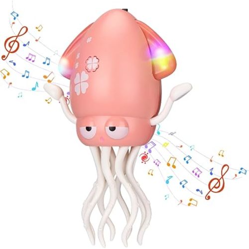 Magic Electric Dancing Octopus Toy with Led Light and Music,Automatic Evasion Crawling Dancing Octopus Musical Toys with Fishing Rod,Dancing Squid Toy Must Haves Tummy Time Toys,Pink