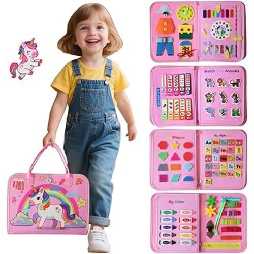 Montessori Toddler Busy Board Toys, Girls Unicorn Learning Sensory Toy, Toddler Travel Toy, Children's Educational Activity Busy Book, Birthday Gift (Pink)
