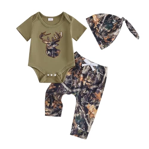 Newborn Baby Boy Hunting Outfit Deer Mallard Duck Short Sleeve Romper Jungle Camo Pants Set Hat 3Pcs Clothes