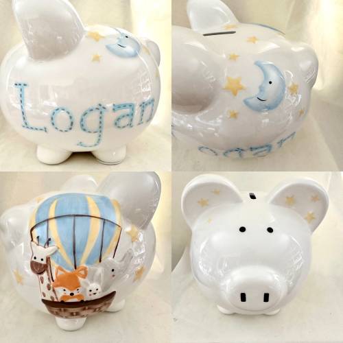 Personalized Safari Blue Hot Air Balloon Large Piggy Bank Rabbit-Giraffe-Elephant-Jungle -Baby Boy Nursery decor- 1st Birthday, Baptism Gift