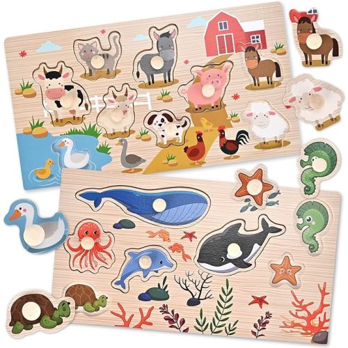 Wooden Peg Puzzles for Toddlers 1-3, 2 Pcs Montessori Puzzles, Animal & Sea Themes Puzzles, Great Preschool Educational Learning Gifts for Girls and Boys