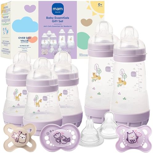 MAM Easy Start Anti-Colic 5 Baby Bottle & 3 Pacifier Newborn Gift Set | 5 Self Sterilizing Bottles (3X 5oz, 2X 9oz) & 3 Original Pacifiers 0–16 Months + Extra Nipples, Made In Europe