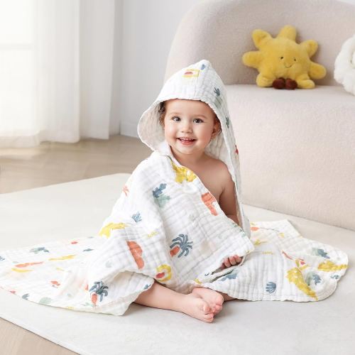 Muslin Hooded Baby Towels, Ultra Soft & Absorbent Baby Bath Towels, Bath & Beach Essentials, Shower Gifts for Babies, Infant, Toddler and Kids - Large 43x43 Inch (Dinosaur)