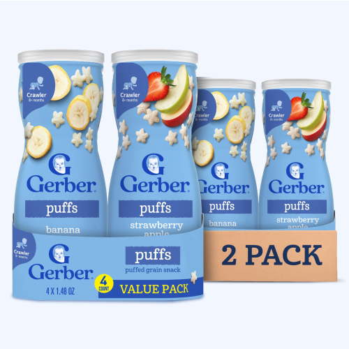 Gerber Snacks for Baby Grain & Grow Puffs, Banana & Apple Strawberry Variety Pack, 1.48 oz Canister (8 Pack)