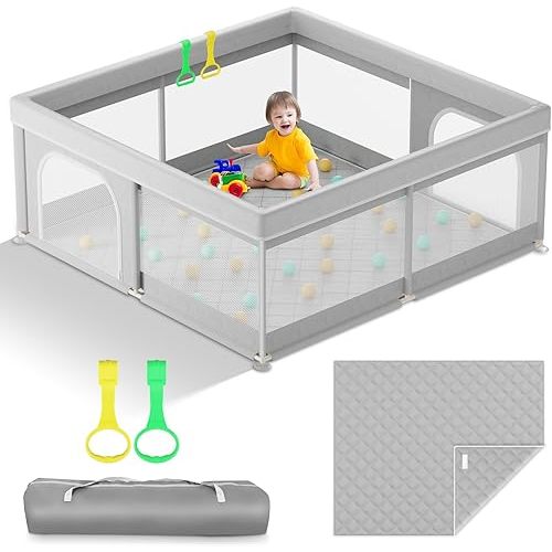 Omzer Baby Playpen with Mat 50x50inch: Large Playpen for Babies and Toddlers Indoor Safety Play Pen with Soft Breathable Mesh - All-Wrapped Sponge Sturdy Play Yard with Stable Magic Sticker