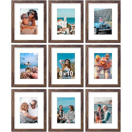 Vittanly 8x10 Picture Frames Set of 9, Shatter Resistant Plexiglass, Display 5x7 Pictures with Mat or 8x10 without Mat, Photo Frames for Wall or Tabletop, Engineered Wood, Brown