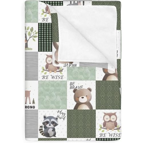 Cute Animals Baby Blankets for Boy Girl Forest Animals Patchwork Soft Flannel Swaddle Receiving Blanket for Infant Toddler Crib Bear Moose Fox Raccoon Wolf Nursery Bed Blankets 30x40inch
