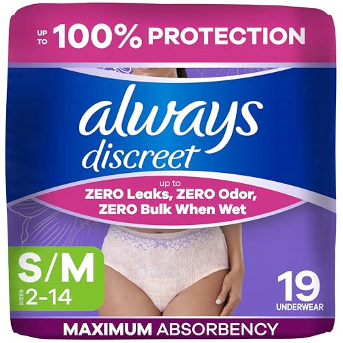 Always Discreet Adult Diapers for Women, Incontinence Underwear, Postpartum Essentials, Disposable Briefs, Max Absorbency, Bladder Leak Protection, Small/Medium, 19ct