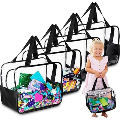 4 Pack Extra Large Toy Storage Clear Bags with Zipper 12"x10"x7" Clear Plastic Bins with Handle, Toy Organizer for Kids playroom, Blocks, Clothes, Stuffed Animal Storage