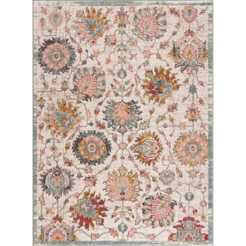 BoutiqueRugs Twilight Boho Vintage Colorful Area Rug - Farmhouse Traditional Floral Pink Carpet for Living Room, Dining Room - Cream, Green, Sage, Red, Gray, Taupe, Pink - 6'7" x 9' (6x9)